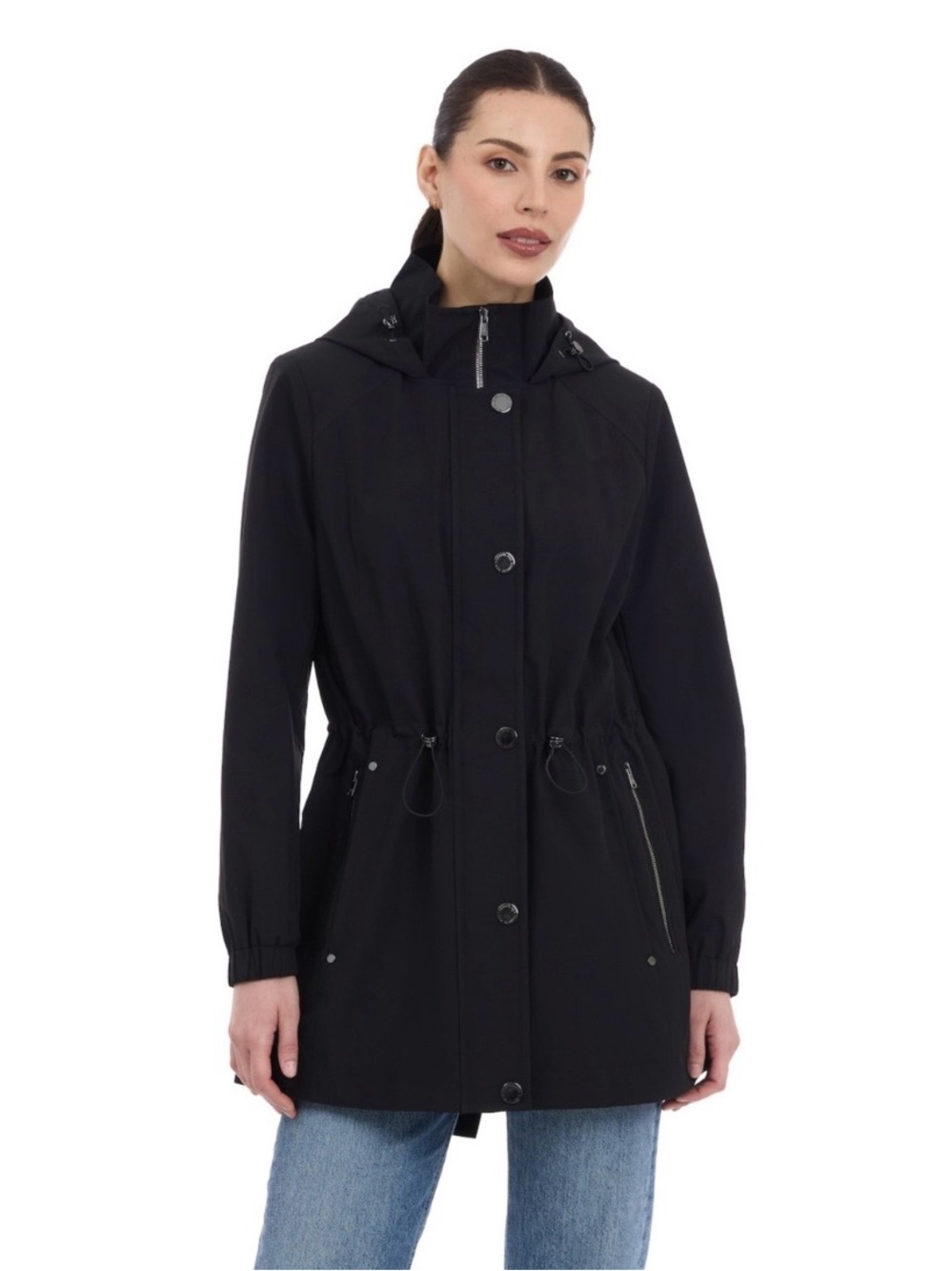 Women's Black Hooded Drawstring REI Trench Coat